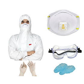 Combo 1 bộ đầy đủ chống virus, chống hóa chất gồm: khẩu trang 3M N95 8511, quần áo bảo hộ 3M 4545, kính chống hóa chất 3M 40660 tặng 1 đôi trùm giày và găng tay