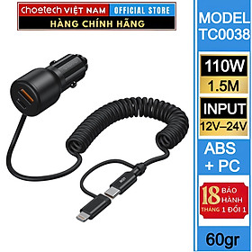Mua Tẩu sạc nhanh 2 cổng trên ô tô 110W Choetech TC0038 tích hợp cáp lò xo Type C kèm đầu nối IP dài 1.5M (Hàng chính hãng)