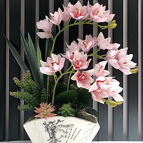 Hoa lan giả - Hoa địa lan cao su 9 bông trắng đốm hồng