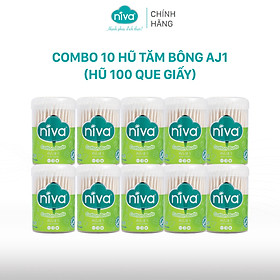 Combo 10 Tăm Bông Niva Hũ Xoay 100 Que Thân Giấy AJ1 Đa Năng Chuyên Dùng Ngoáy Tai, Vệ Sinh, Trang Điểm, Thân Thiện Môi Trường