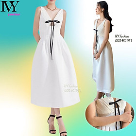 Đầm maxi trắng cotton nhật cổ V dập ly đính nơ ngực xoè dài 2 dây chiết eo ivy fashion đi biển dự tiệc dạo phố sexy