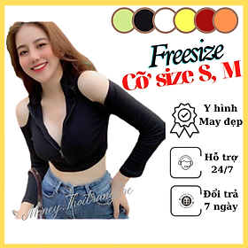 Áo Croptop Thun Gân Hở Vai Tay Dài-Áo Crt Khoét Hở Ngực Dài Tay Có Dây Kéo Trước Hàn Quốc Sexy Ôm Body Màu Đen Trắng Cam