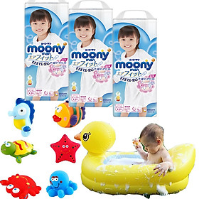 Combo 3 gói tã quần Moony cao cấp size M58/L44/XL38/XXL26 tặng chậu tắm phao vịt vàng