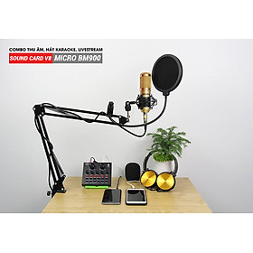 Mua Combo Trọn Bộ thu Âm Micro BM 900  Soundcard V8 - Kèm full phụ kiện kẹp micro bàn  màng lọc âm  tai nghe chụp tai – Chuyên dùng livestream  thu âm  Hát Karaoke Online tại nhà - Livestream dễ dàng - Kết nối được smartphone  máy tính - Hàng nhập khẩu