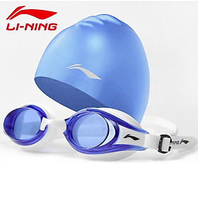 Bộ Kính bơi người lớn LI-NING chống tia UV chống sương mù kèm nút bịt tai (Xanh Trắng) và Nón bơi LI-NING (Xanh dương) - Hàng chính hãng 
