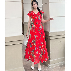 [HCM] Đầm maxi vol hoa 4 lá cổ D092 - Lady Fashion- Khánh Linh Style