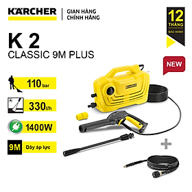 Máy xịt rửa xe 1400W KARCHER K2 CLASSIC 9M Plus, máy rửa xe cao áp 110Bar kèm dây xịt 9m và phụ kiện - Karcher chính hãng