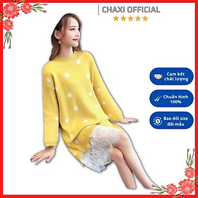 Đầm len suông dáng dài màu vàng chấm bi trắng phối ren tiểu thư siêu cute - DL38332