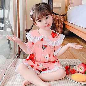 Bộ pizama thô mềm phối ren cho bé gái từ 8-20kg