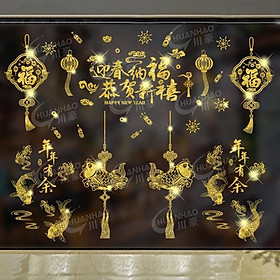 Decal Tết DÁN CỬA LỚN NHŨ KIM TUYẾN - Cặp cá chép phối 2 dây cá cùng 2 dây đèn và chữ HPNY