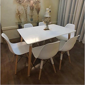 Mua Bộ Bàn ăn 4-6 ghế màu trắng decor phòng ăn gia đình - Bàn ăn Eames 1m2 x 80cm và ghế nhựa Eames chân gỗ chắc chắn