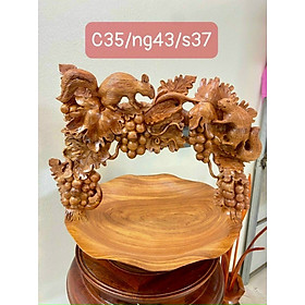 Giỏ đựng hoa quả trạm khắc tích nho sóc bằng gỗ hương đá kt 35 ×43×37cm