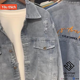 Được Kiểm Hàng Trước Áo khoác jeans bạc thêu chữ HÀNG SIÊU CẤP