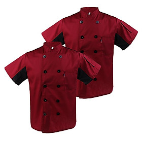 2pcs Unisex Double Breasted Short Sleeve Chef Jacket Coat Red Cook Hotel Uniform