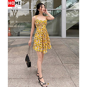 ĐẦM XÒE XẾP LY NGỰC MÀU HOA VÀNG,HOMI Fashion