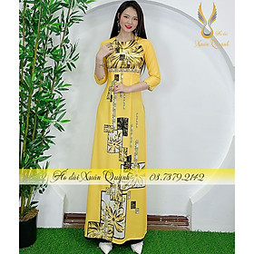 Áo Dài Hoạ Tiết Hoa Khối Trape Màu Vàng Thanh Lịch, Trẻ Trung Lụa Habutai Cao Cấp K73
