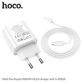 Bộ Sạc Nhanh Dành Cho Hoco. C80A Plus PD20W + QC3.0 Type-C To IP Dây Dài 1m Hàng Chính Hãng