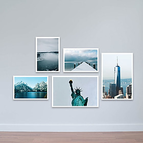 Bộ 5 tranh đẹp nước Mỹ tông màu xanh tươi đẹp | Tranh phòng họp W3333 Canvas có viền