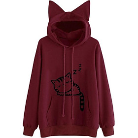 Drawstring Sleeping Cat Pattern Pullover Hoodie