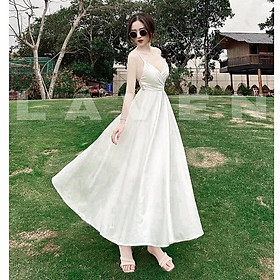 Váy đầm nữ maxi dáng xòe hai dây cột nơ lưng kiểu dáng quyến rũ thích hợp mặc đi biển