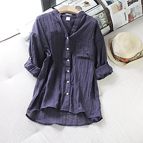 Áo sơ mi tay ngắn nữ form rộng sơ mi cổ tàu tay lỡ, chất vải đũi mềm mát Haint Boutique