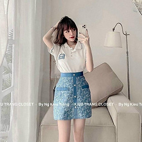 Sét PULL trắng cổ Polo thêu Logo + chân váy jeans phối nút