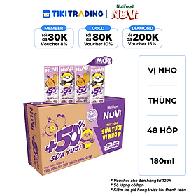 Thùng 48 hộp Thức Uống Sữa Tươi Trái Cây Tươi NuVi Vị Nho 180ml - Tăng Cường Chiều Cao, Phát Triển Trí Não