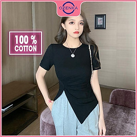 Áo thun croptop sẻ tà tay ngắn cổ tròn nữ, áo crt kiểu Hàn Quốc ôm body màu đen trắng đẹp mặc đi học dưới 50 cân