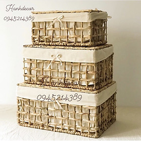 Mua Giỏ mây đựng đồ đan vặn cỡ lớn có nắp đậy tiện dụng HANHDECOR giỏ cói vintage có vải lót trang trí nhà cửa