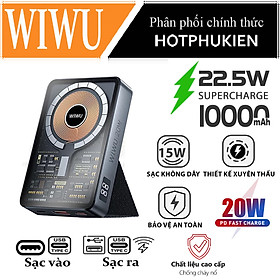 Mua Pin sạc dự phòng sạc không dây Maqsafe sạc nhanh 22.5W 10000mAh trang bị cổng PD Type-C 3.0 và cổng USB QC 3.0 chuẩn 2.4A kiêm giá đỡ điện thoại hiệu WIWU JC-21 (liên kết từ tính  Type-C Out/in  thiết kế mặt lưng trong suốt) - Hàng nhập khẩu
