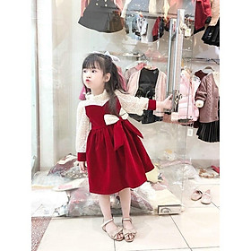 Váy Nhung Đỏ Phối Ren Hoa Nơ  Xinh Xắn Bé Gái Dịp Đầy Tháng, Noel, Tết - HV1