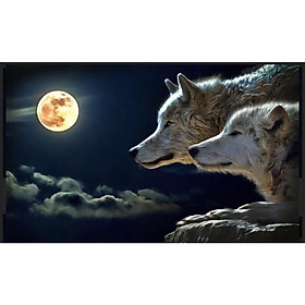 Mua tranh chó sói mặt trăng dán tường 3d. tranh in vải lụa chống ẩm mốc siêu bền