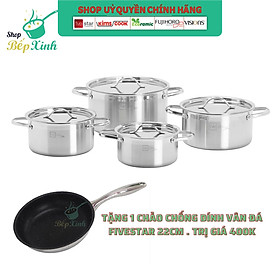 Bộ nồi 3 lớp đáy liền inox 304 bếp từ cao cấp Fivestar Plus nắp inox tặng 1 chảo chống dính vân đá  Fivestar 22cm