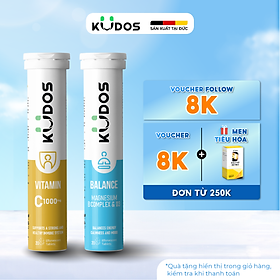 Combo Thực phẩm bảo vệ sức khỏe KUDOS BALANCE MAGNESIUM WITH B VITAMIN COMPLEX & D3 + KUDOS VITAMIN C 1000 MG (20v/tuýp)