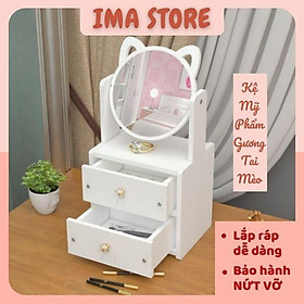 Mua Kệ đựng mỹ phẩm mini màu trắng để bàn 2 ngăn kéo có gương tai mèo để đồ trang điểm ngăn nắp tiện lợi