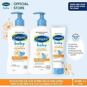 Bộ Sữa tắm gội 400ML + Sữa dưỡng ẩm 400ML + Kem chống hăm tã 70G CETAPHIL BABY WITH ORGANIC CALENDULA