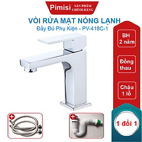 Vòi Rửa Mặt Pimisi PV-418C-1 Thân Vuông Nóng Lạnh Cho Chậu Rửa Lavabo 1 Lỗ Âm - Dương Mặt Bàn Đá Làm Từ Đồng Thau Sáng Bóng - Chỉnh Nước Bằng Gật Gù Nóng Lạnh Trong Nhà Tắm Với Đủ Phụ Kiện Xi Phông Và Dây Cấp Nước | Chính Hãng
