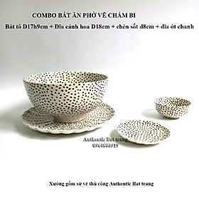 Mua (COMBO) Bát tô sứ ăn phở vẽ tay thủ công - Tô 17H9cm + Dĩa D18cm + chén Sốt D8 + đĩa chanh ớt d9cm Authentic bat trang
