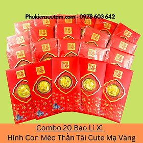 Combo 20 Bao Lì Xì Hình Con Mèo Thần Tài Cute Mạ Vàng, kích thước 17cmx9cm