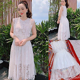Đầm ren trắng xòe phối bèo kiểu kèm hoa cài HÀNG THIẾT KẾ
