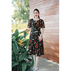 Đầm xoè thiết kế trung niên cao cấp sang trọng Cổ tròn tay loe màu Đen hoa TTV STORE TTV1312