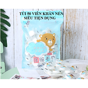 Túi 50 khăn giấy nén hình gấu bằng cotton, dạng viên kẹo dùng 1 lần GD593-KNenGau-50