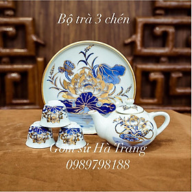 Bộ trà thờ cúng gốm sứ Bát Tràng cao cấp vẽ vàng hoạ tiết sen phú quý trường thọ bộ trà 3 chén