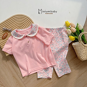 Bộ quần áo cotton mềm mát cho trẻ em cổ sen quần cộc tay quần lỡ cho bé gái từ 1 tuổi đến 6 tuổi cân nặng từ 8kg đến 23kg chiều cao dưới 120cn mặc hàng ngày, đi học, đi chơi, vào mùa xuân, hạ, thu, hè