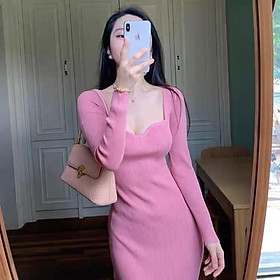 MS445 Váy len body dài tay cổ tim cách điệu quyến rũ