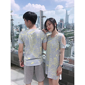 Set đồ đôi áo váy cặp CoupleTina 100% cotton cao cấp - Màu xám họa tiết đẹp mắt