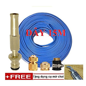 Bộ dây vòi xịt nước rửa xe, tưới cây . tăng áp 3 lần, loại 15m 206587 đầu đồng, cút đồng, + tặng mở chai