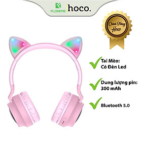 Tai Nghe Chụp Tai Bluetooth Dành Cho Hoco W27, Tai Mèo Phát Sáng, Hỗ Trợ Kết Nối, Dây AUX 3.5mm, Âm Thanh Trong Trẻo - Hàng Chính Hãng.