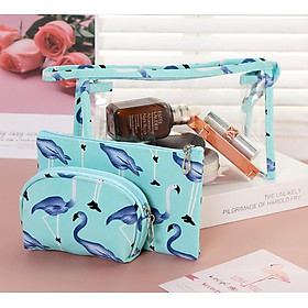 Set 3 Túi Đựng Mỹ Phẩm Đồ Trang Điểm Hồng Hạc 3 Size, Nhiều Màu Lựa Chọn, Tặng Kèm Bấm Móng Tay Mini