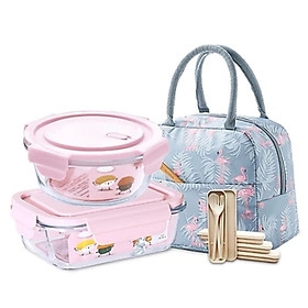 Bộ Hộp Cơm Văn Phòng, Chất Liệu Thủy Tinh Chịu Nhiệt Tốt, Nắp Nhựa PP Cao Cấp An Toàn Sức Khoẻ Tặng Kèm Bộ Thìa Đũa Và Túi Xách Tiện Lợi- Hàng Chính Hãng MINIIN